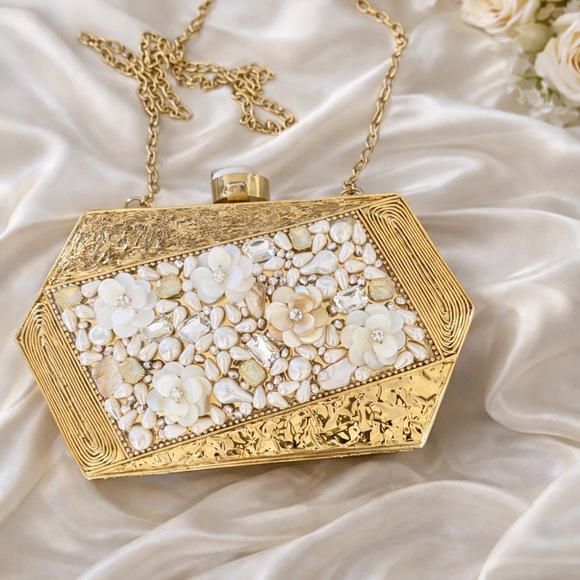 Gold Floral Pearl-Embellished Evening Clutch - Picture 5 of 7